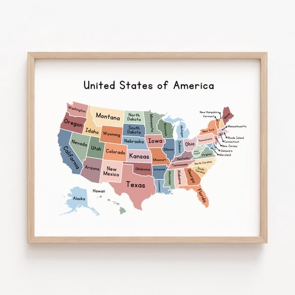United States Map Educational Poster Printable Classroom Wall Decor Wall Art Homeschool Pre-School Montessori Playroom Wall Decor, Unframed Paper Poster 8x10in