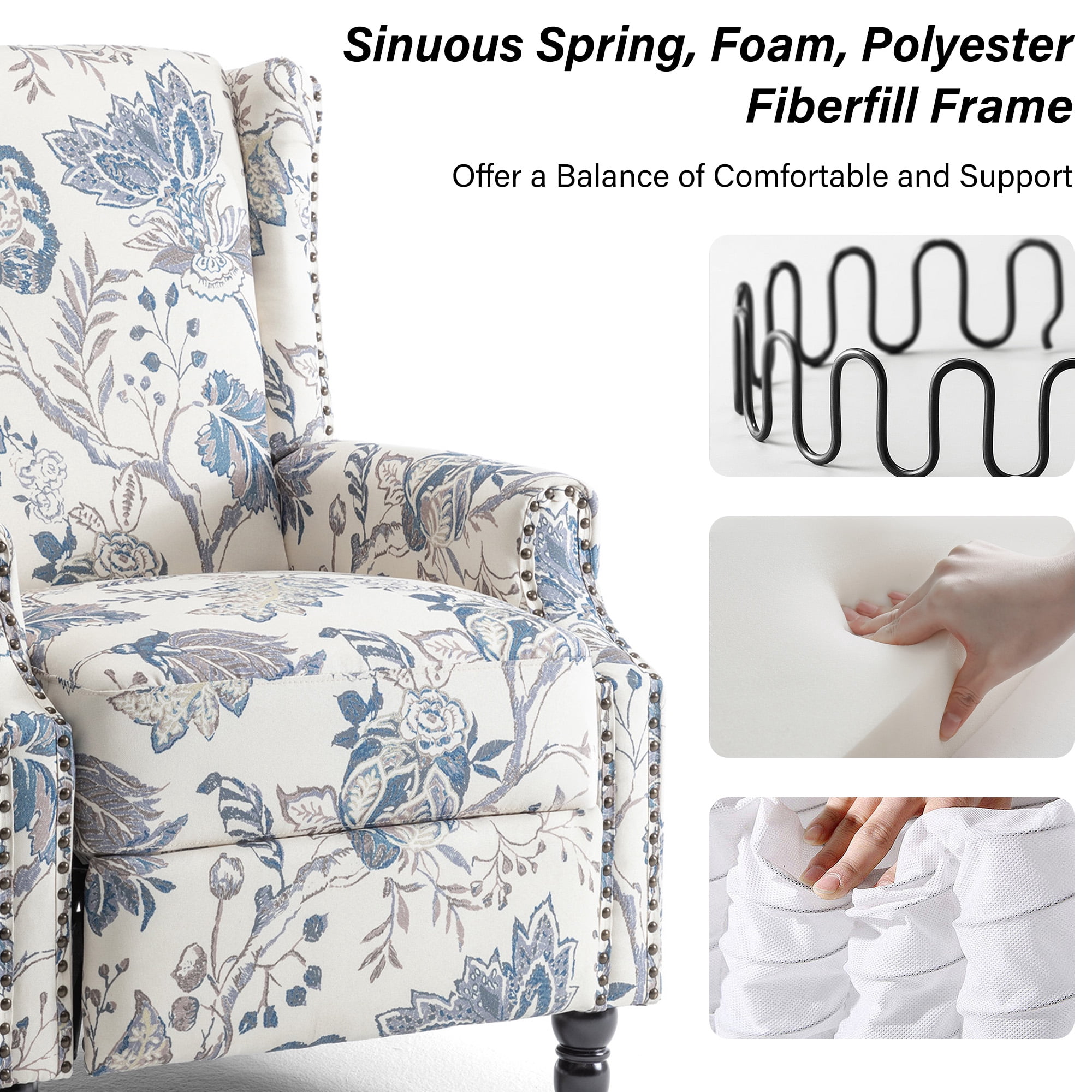 DREAMSIDEA Push Back Recliner Chair Living Room, Wingback Reclining Sofa Chair, Fabric Floral Recliner Reading Chair with Footrest for Living Room/Office/Apartment, Blue Plants