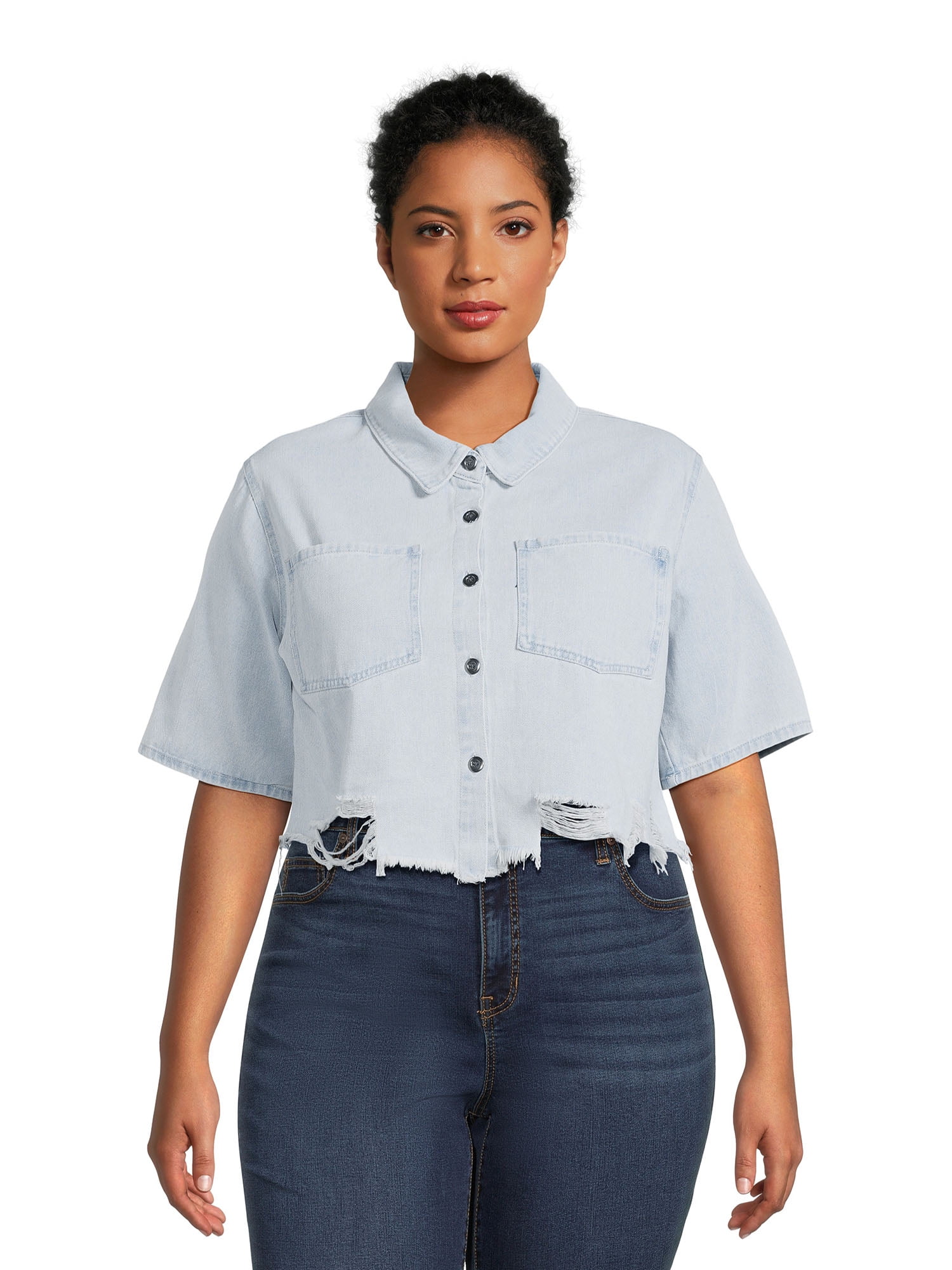 Madden NYC Juniors Plus Size Cropped Denim Shirt with Destructed Hem ...