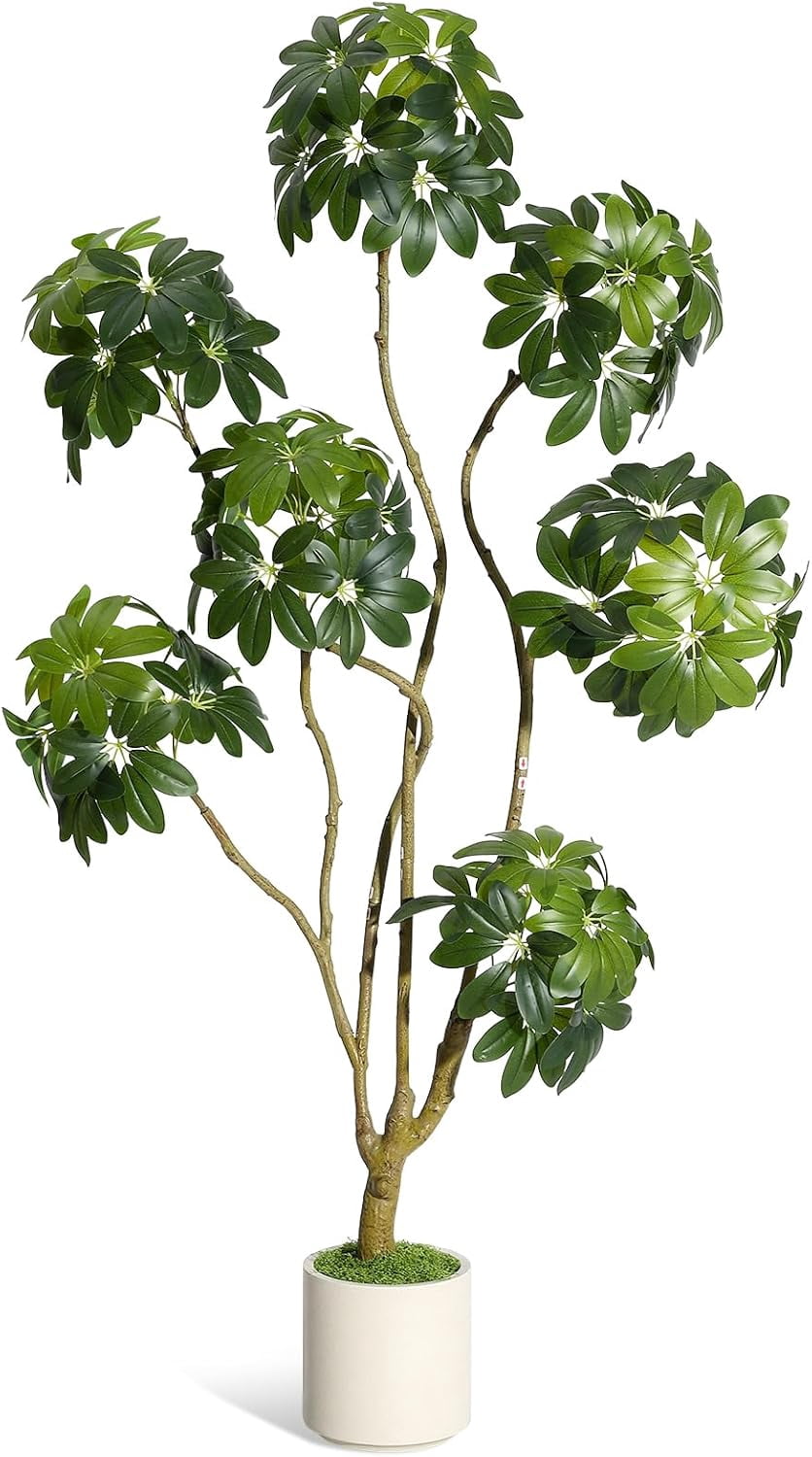 Litake 5 ft Tall Fake Plant Indoor,Faux Floor Tree Fake Trees in Decorative White Planter with Multiple Trunks Design, Artificial Umbrella Schefflera Tree for Home Offices Porch Decor