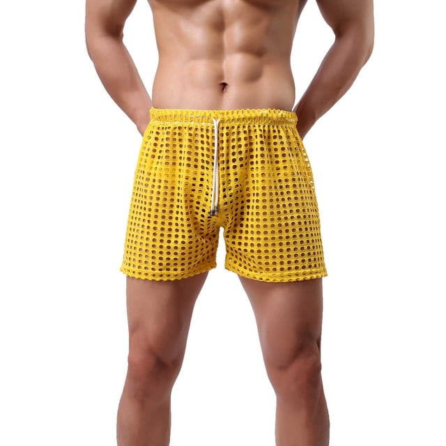 Xysaqa Fashion Men's Loose Mesh Hollow Openwork Shorts See-Through Underwear Boxer Shorts with Drawstring