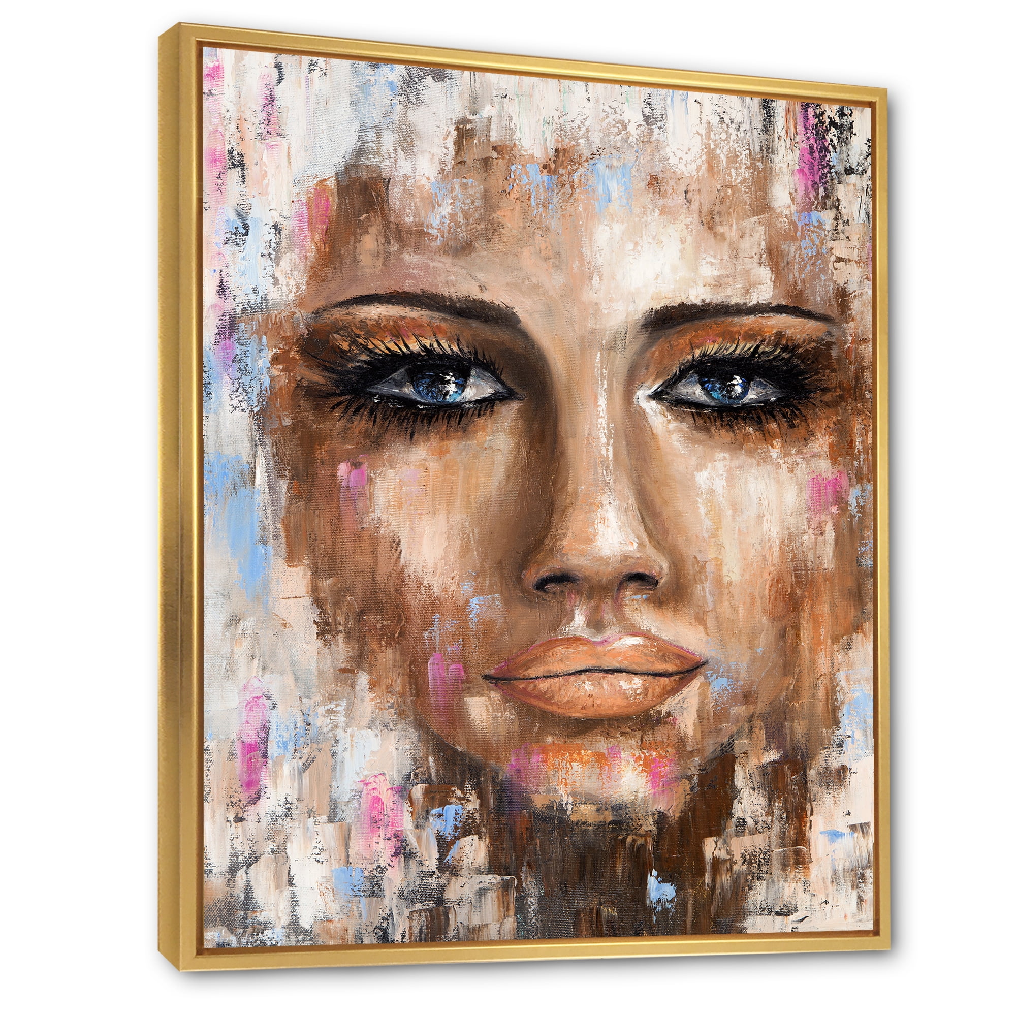 Abstract Portrait Of A Young Woman With Blue Eyes I 30 in x 40 in Framed Painting Canvas Art Print, by Designart