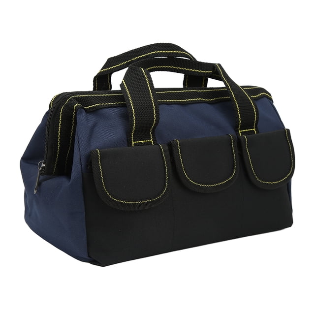 Bolsa de herramientas de 13 pulgadas, tela Oxford, multifuncional, impermeable, de boca ancha, para el hogar, taller, color negro y azul.