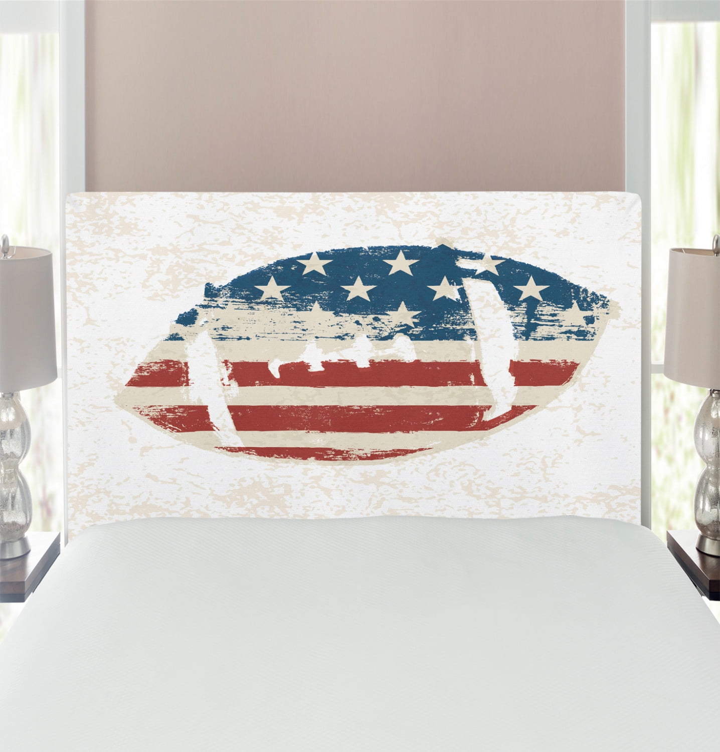 Sports Headboard, Grunge American Flag Themed Stitched Rugby Ball Vintage Design Football Theme