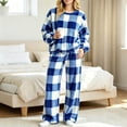 thumbnail image 2 of Two Piece Plaid Set for Women Long Sleeve Crew Neck Tops Wide Leg Pants Fall Winter Thicken Warm Soft Lounge Home Wear (M, Blue), 2 of 7
