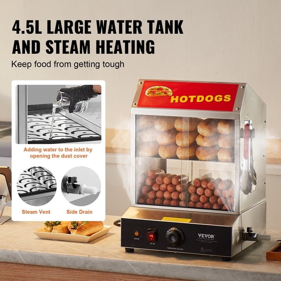Commercial 2-Tier Electric Hot Dog Steamer with Bun Warmer | 28.5QT Capacity | Slide Door Design