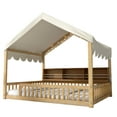 thumbnail image 5 of Harper & Bright Designs Full Size Floor Bed with LED Light, Wooden House-Shaped Floor Bed with Storage Bookshelves Fense and Curtain for Boys Girls, Natural+Beige, 5 of 13