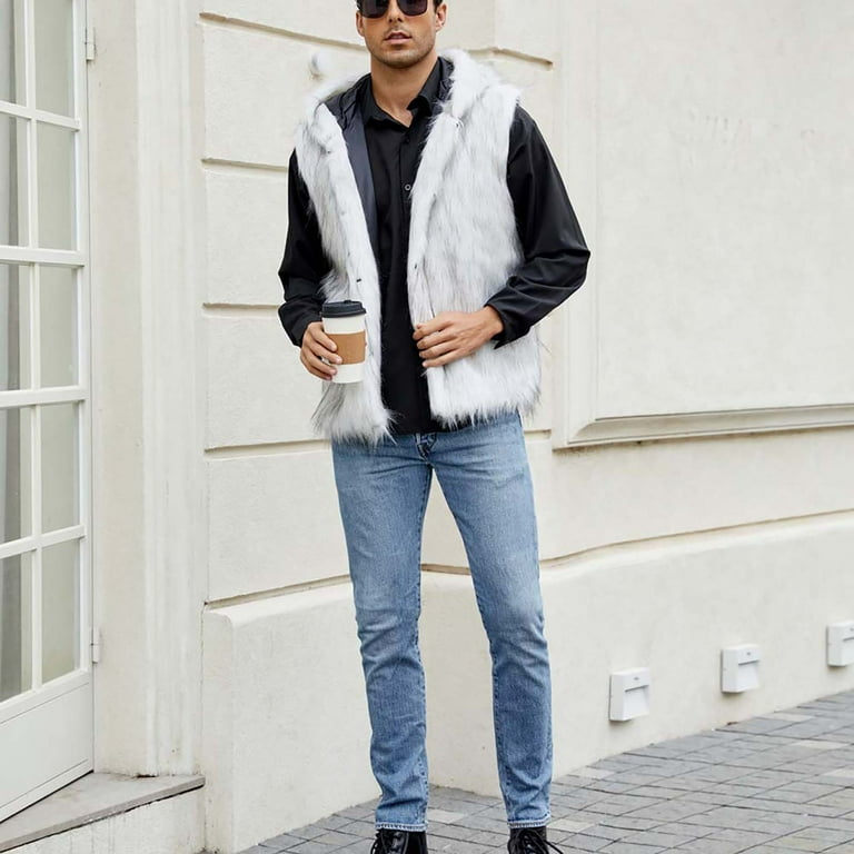 Hooded Vest Faux Fur White Vest YLSDY Men's Faux Fur Vest Hooded