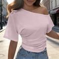 thumbnail image 2 of JIAYUE Womens Summer Tops Fashion Short Sleeve Off The Shoulder Asymmetrical Neck Solid Color Pleated Slim Fit Casual Vacation Female Cozy Tee, 2 of 4