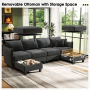 BedLuxury 112 Modular Sectional Sofa with 2 Moveable Storage Ottoman, Cloud Couch Seats 6, Modern Living Room Furniture, Chenille Black