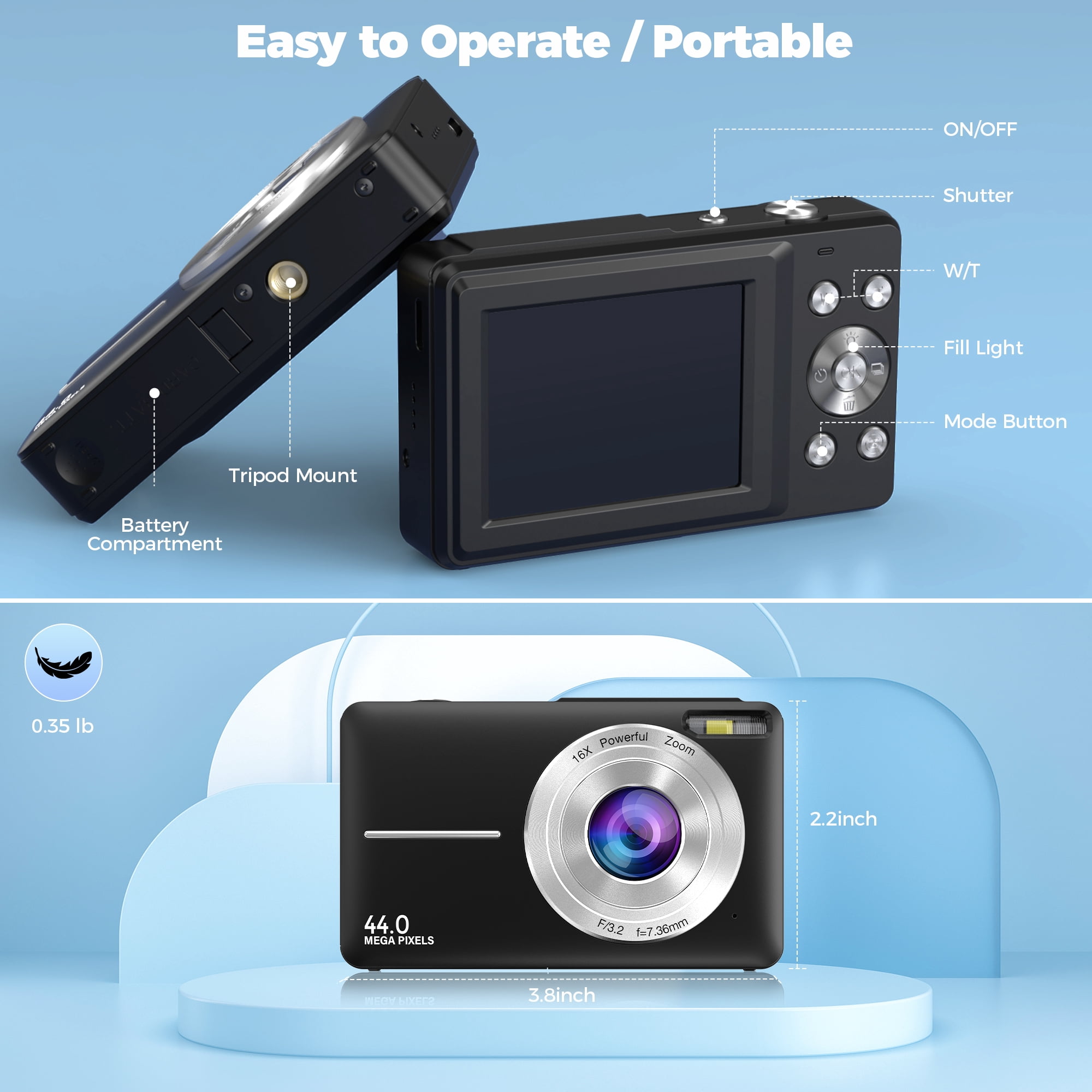 Digital Camera for FHD1080P 44MP Camera Camcorder, Smile Capture & Vintage Filters, with 32GB SD Card,18X Digital Zoom 2.4 Inch Screen(Black)