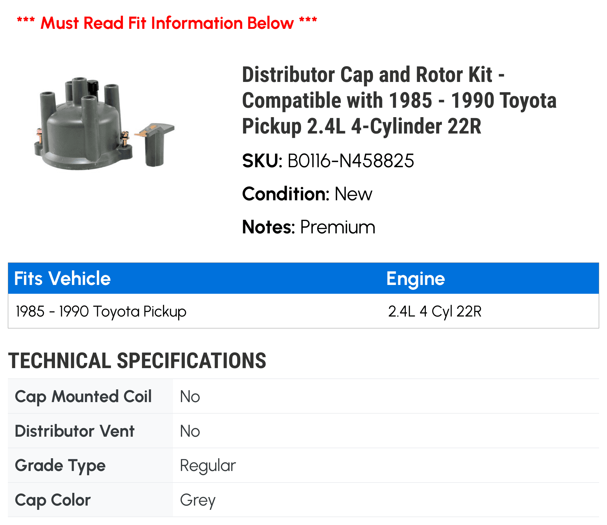 Distributor Cap and Rotor Kit - Compatible with 1985 - 1990 Toyota Pickup 2.4L 4-Cylinder 22R 1986 1987 1988 1989