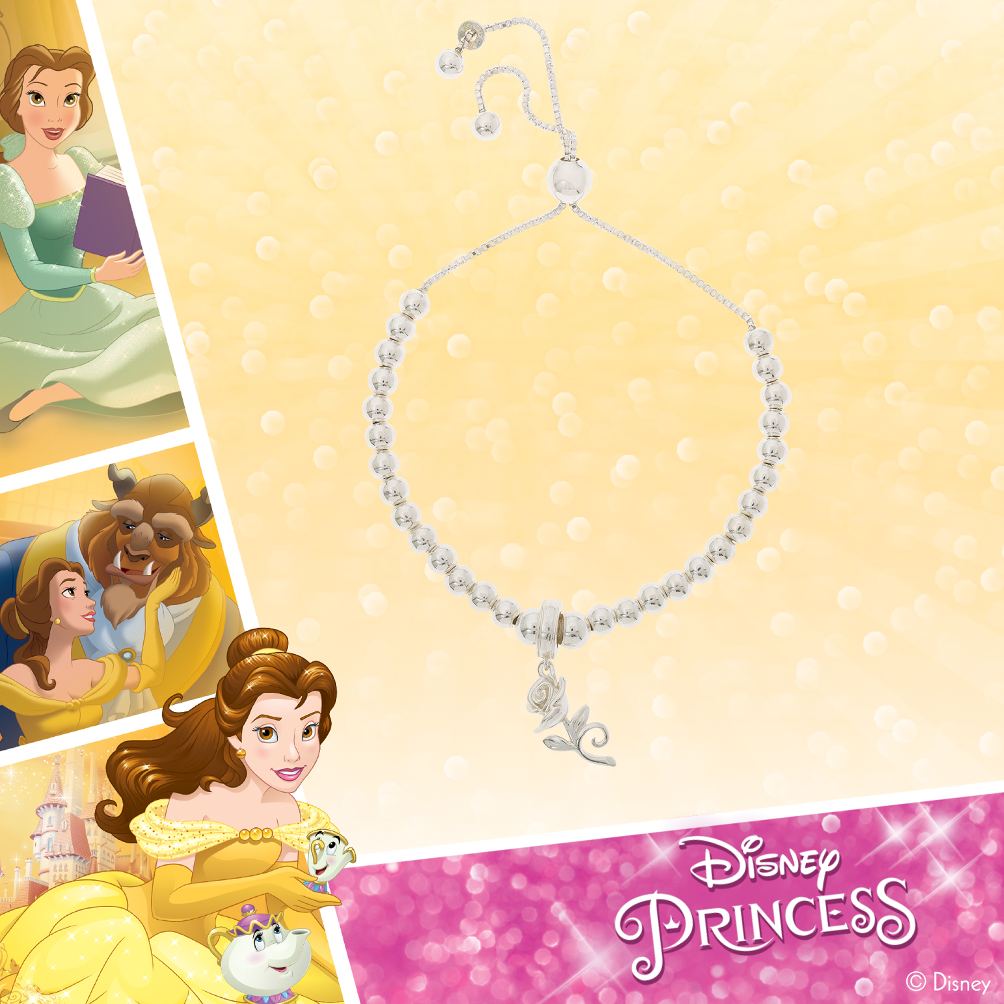 Disney's Beauty and the Beast Sterling Silver Rose Beaded Lariat Charm Bracelet