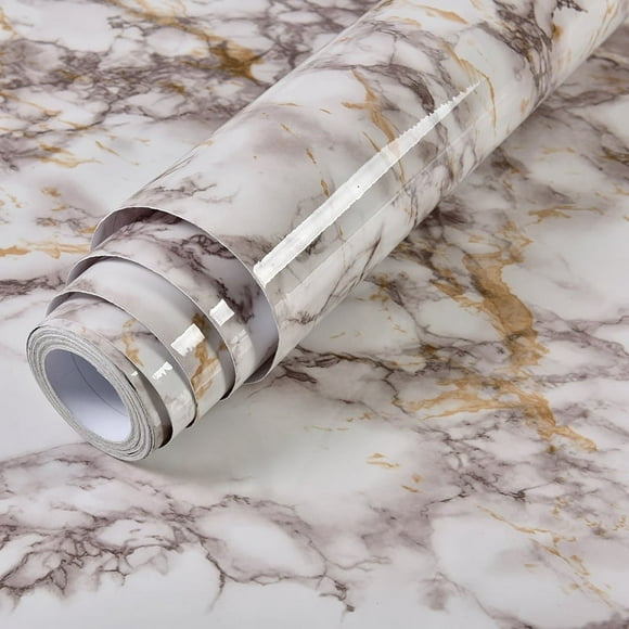 1 Roll Gray White Marble Contact Paper, Oilproof High Temperature Resistant Peel And Stick Wall Paper, Waterproof, Easily Removable Self-Adhesive Film Wall Covering Kitchen Countertop And Cabinet Shel