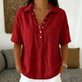 thumbnail image 1 of Neewe Womens Plain V Neck Button Down Shirts Short Sleeve Cotton Linen Tops Casual Collared Blouses Loose Fit, 1 of 6
