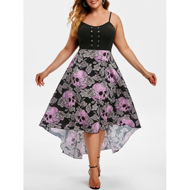 Ojal floral cráneo alto-bajo de Halloween más el vestido Tamaño Rosegal Vestidos casuales de talla grande