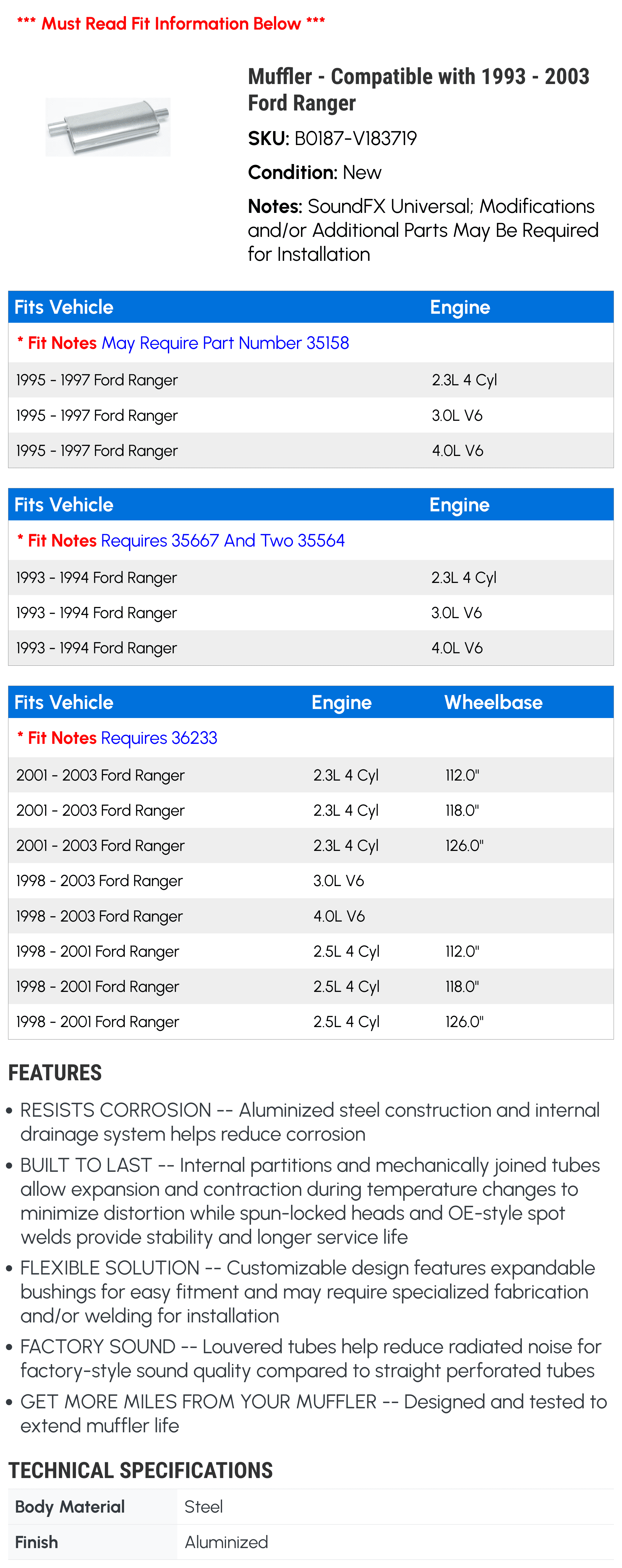 Muffler - Compatible with 1993 - 2003 Ford Ranger 1994 1995 1996 1997 1998 1999 2000 2001 2002