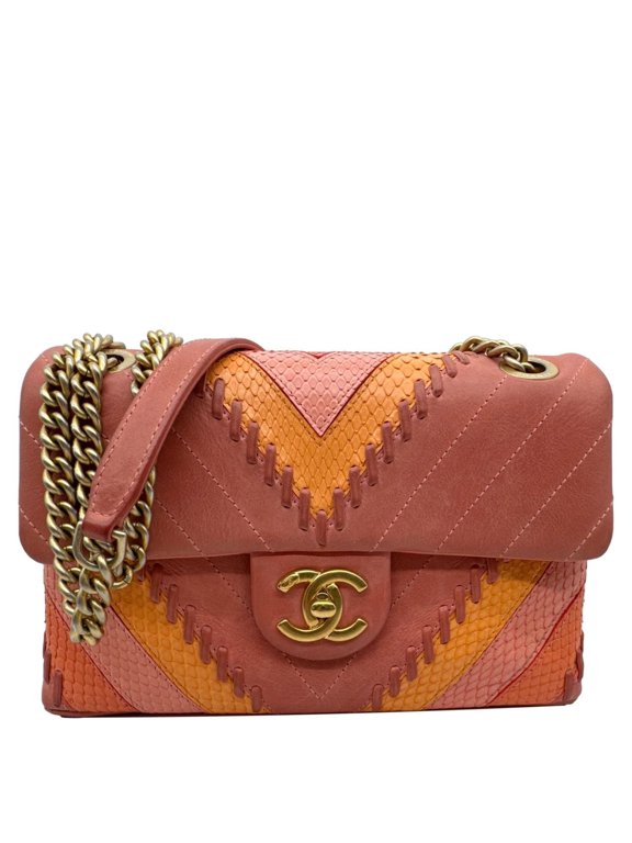 Pre-Owned Chanel Paris-Cuba Flap Python Patchwork Chevron Leather Shoulder Bag Multicolor