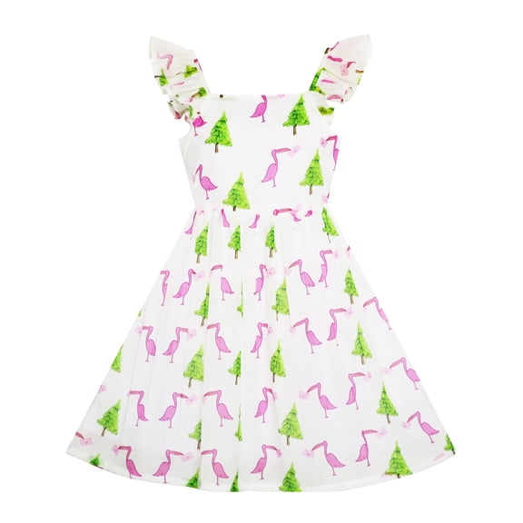 Girls Dress Pine Tree Bird Heron Letter Print Swing Shoulder Sundress 4