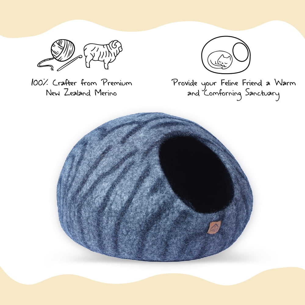 HAUSSIMPLE Wool Cat Cave Felt Bed for Kittens Cat Natural 100% Merino Wool Pet House - Gray Tiger