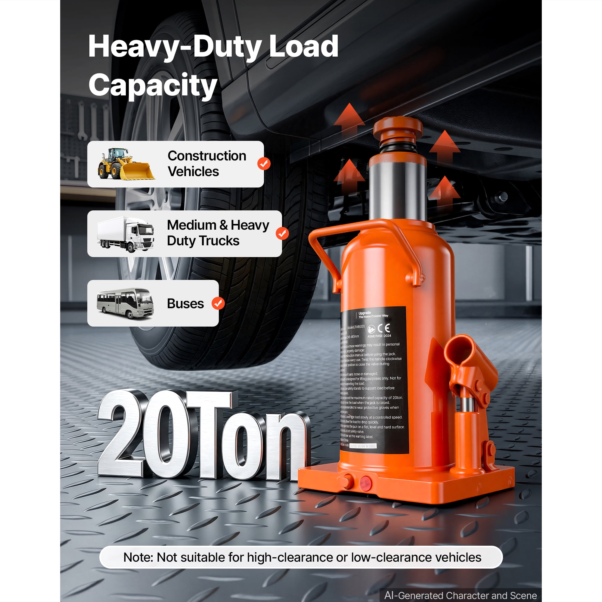 KFFKFF Hydraulic Bottle Jack 20 Ton (44092.5 lbs) Capacity, 9.65"-18.31" Lift Range, Suitable for Construction Vehicles, Heavy Trucks, Buses,Durable Multi-Directional Jack with Extended Handle