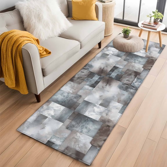 2'x6' Rug Runners for Hallways Kitchen, Gray Geometric Non Slip Entryway Beside Floor Carpet Runner, Modern Abstract Art Block Washable Laundry Room Bedroom Throw Rugs Mat for Family Pet
