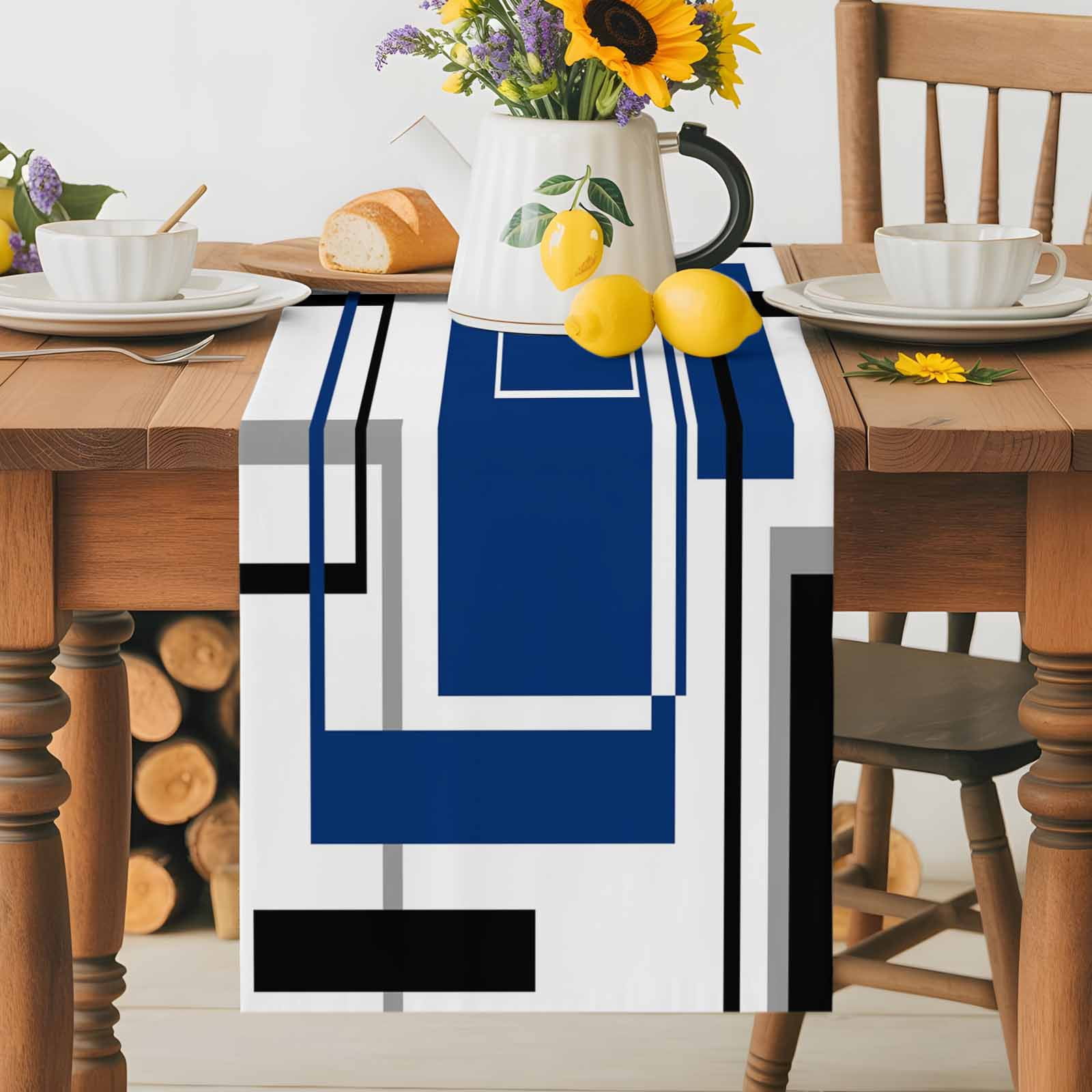 Abstract Geometric Navy Blue Color Block Table Runner 90 Inches Long, Gray Stripe Modern Art Table Runners Tabletop Scarf Kitchen Dining Tables Decoration for Home Party Indoor Outdoor