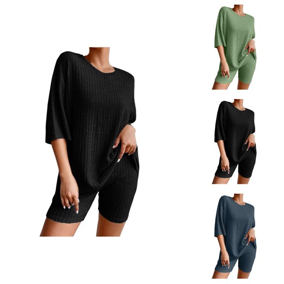 Short Sets for Women Ribbed Knit Loose Fit Short Sleeve Crewneck T Shirt and Shorts 2 Piece Matching Set Womens Lounge Set