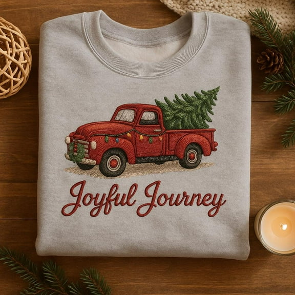 Joyful Journey Embroidered Sweatshirt, Vintage Red Truck Christmas Sweater, Xmas Lights Crewneck, Holiday Road Trip Gift