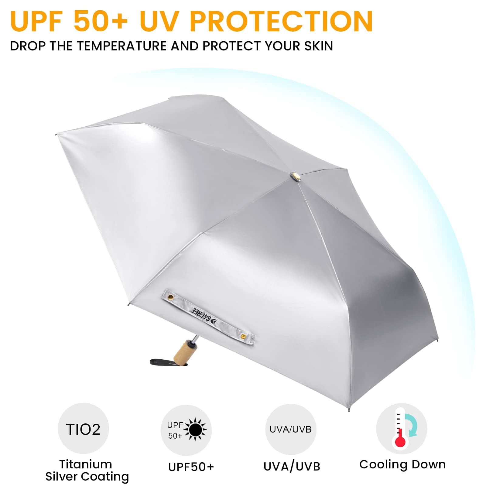 G4Free UPF 50+ UV Protection Travel Umbrella with Wooden Handle, 42 Inch Lightweight Sun Rain Folding Umbrellas Auto Open Close