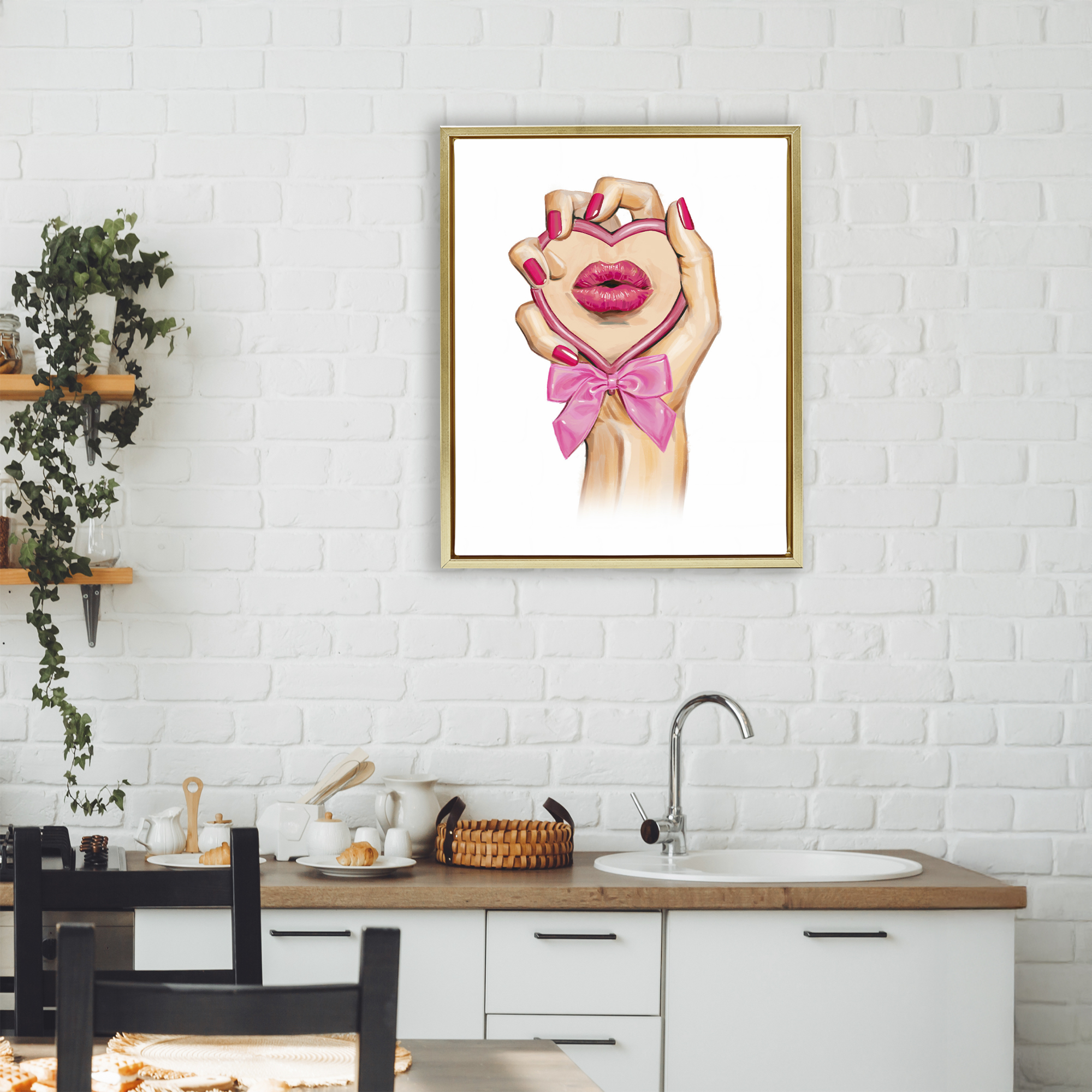 Pink Lips in Mirror Gold Framed Floater Canvas Wall Art, design by Ziwei Li