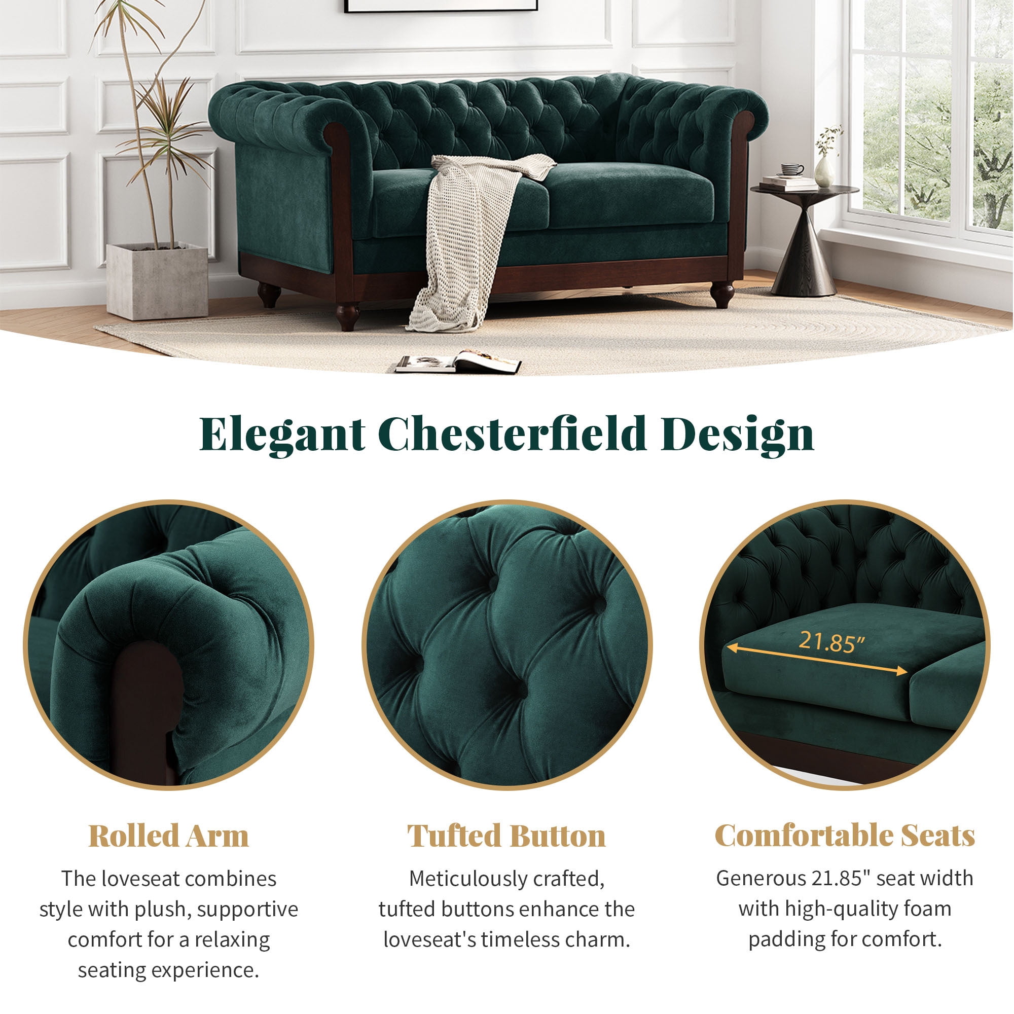 Euroco 59.44" Velvet Chesterfield Loveseat Sofa, Modern Upholstered Sofa Couch with Tufted Button Backrests and Rolled Arms,2 Seater Couch for Living Room,Bedroom, Office, Apartment,Forest Green