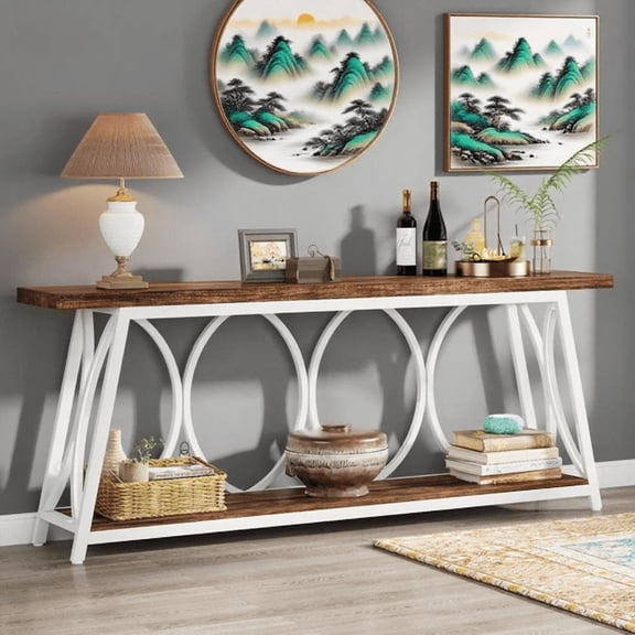 70.9" Vintage Rustic Console Table - Wood & Black Metal, 1.57" Particle Board with Bottom Shelf, 230lb Capacity for Living Room, Entryway, Behind Couch, Hallway
