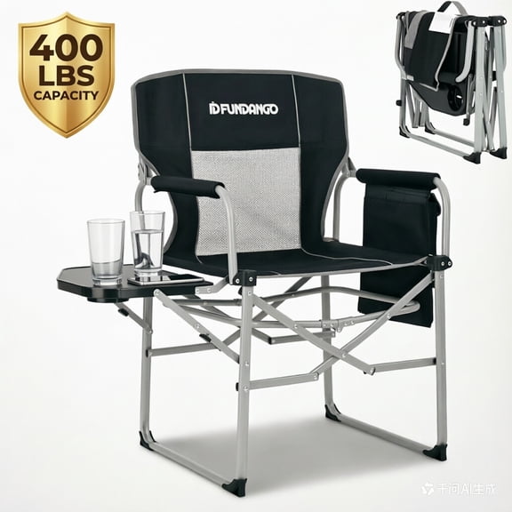 FUNDANGO Heavy Duty Director Chair with Side Table, 300lbs Oversized Folding Camping Chair, Portable Outdoor Padded Seat for Tailgating, Beach, Fishing - Black