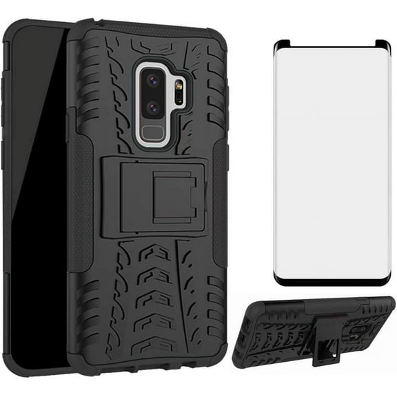 Phone Case for Samsung Galaxy S9 Plus with Tempered Glass Screen Protector Cover and Stand Kickstand Hard Rugged Hybrid Protective Cell Accessories Glaxay S9  9S S 9 9plus S9plus Cases Men Black