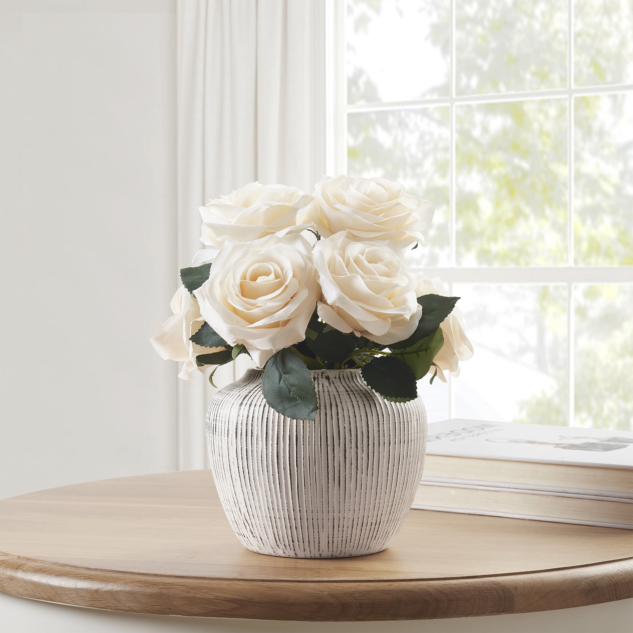 My Texas House 5" White Distressed Stripe Round Stoneware Vase