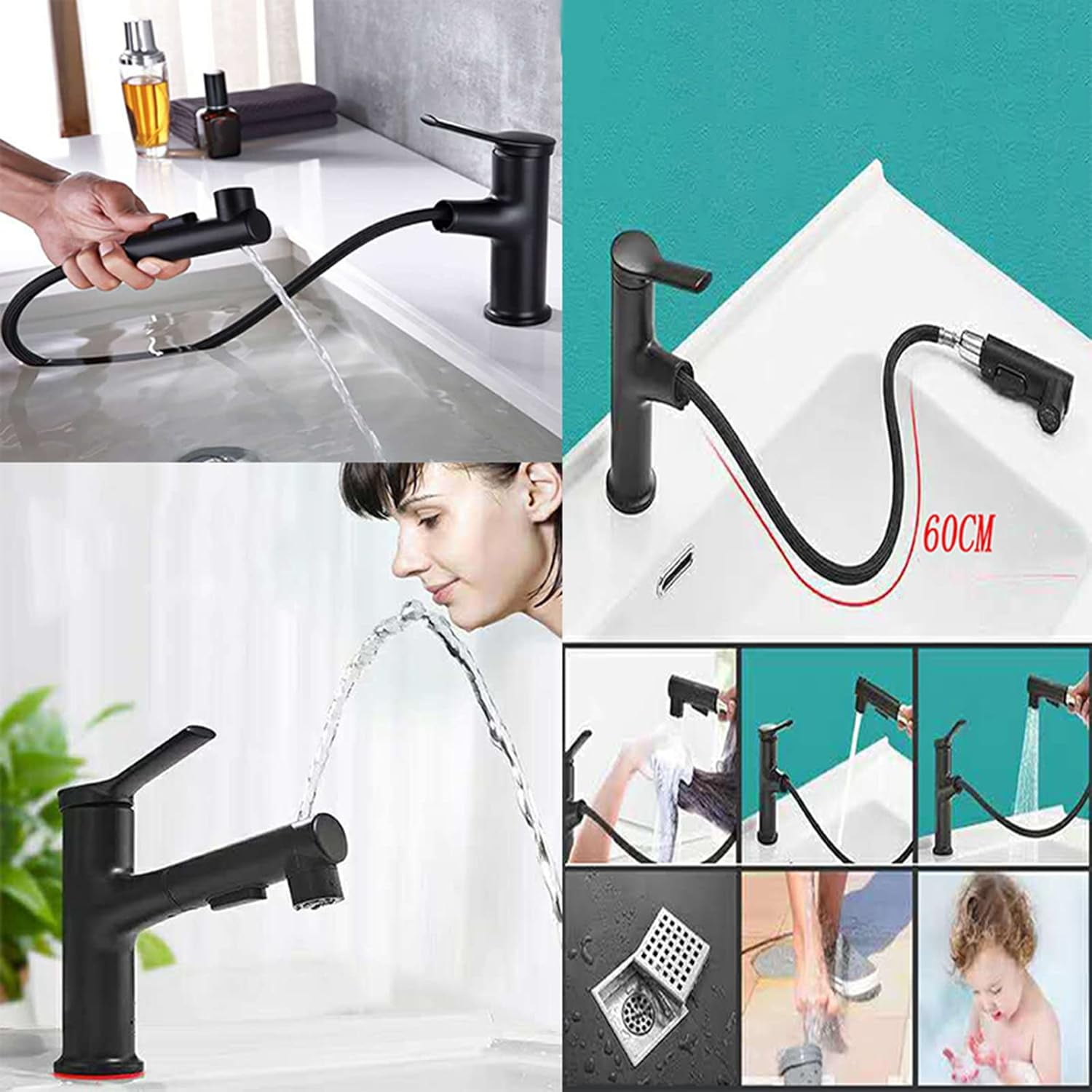 Bathroom Mixer Sink Faucet with Pull Out Sprayer Dual Mode Mixer Tap for Hot and Cold Water Liftable Single Handle Brass Retractable Basin Faucet,Black