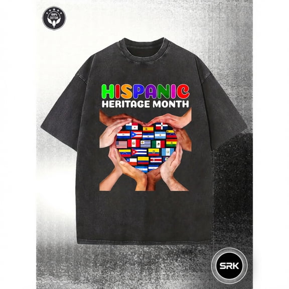 Washed Hispanic Heritage Month Flags Heart Graphic Vintage Oversized Grunge Y2K Short Sleeve Crewneck Cotton Unisex Men's Women's Tee Shirt