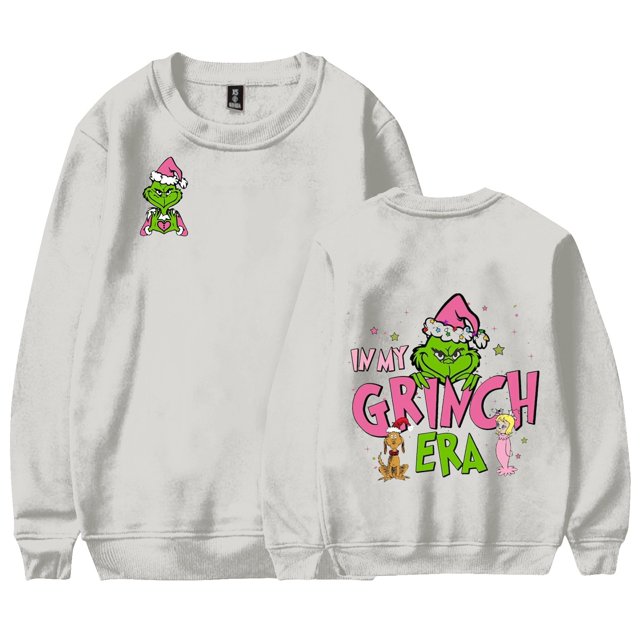 moonsky| cute grinch christmas sweaters for women fall womens clothes winter oversized sweatshirt for women mens pullover sweater crewneck sweatshirts#white 2xl Suéter navideño blanco unisex, vista frontal con pequeño Grinch verde con gorro rosa en el pecho izquierdo; vista trasera con gráfico grande del Grinch y texto "IN MY GRINCH ERA" en rosa y verde acompañado de personajes animados y estrellas; cuello redondo, mangas largas, puños y dobladillo acanalados, corte oversized para uso casual.