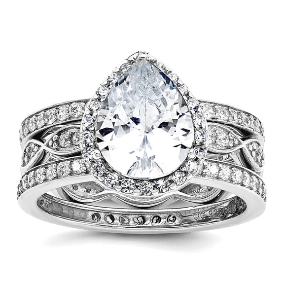 12.15mm 925 Sterling Silver Rhodium Plated Cubic Zirconia Teardrop Halo 3 Ring Set Size 6 Ring for Women