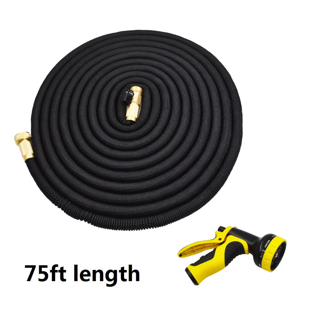 75Ft Black Expandable Rubber Garden Hose with 9 Function Nozzles & 3/4