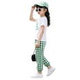 thumbnail image 4 of Girls Summer 2 Piece Outfits Crew Neck Short Sleeve Print Tees Plaid Elastic Waist Pants Casual Trendy Clothes (7 Years, Green), 4 of 4