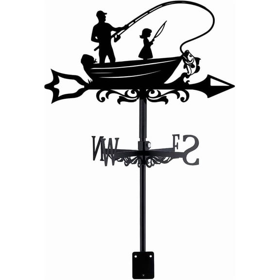 Weathervane Boat Fishing Wind Vane Weathercock Fishing Metal Weather Vane for Garden Farmhouse Decorative Outdoor Wind Measuring Tool Wind Direction Indicator for Yard Barn Sheds BlackDIY