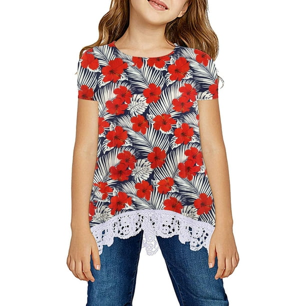 Gibobby Blusas De Moda Tunica informal para ninas pequenas estampado de flores florales Tops de encaje blusa suelta de manga corta camiseta Top Rojo 7 8 Anos Walmart en linea
