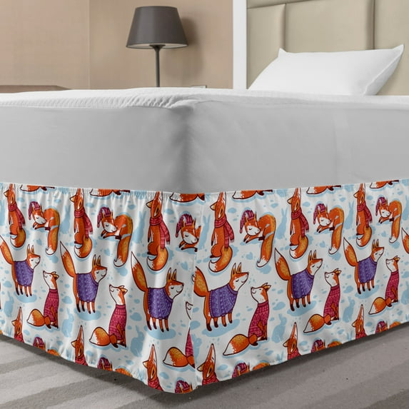 Fox Bed Skirt, Snow Foxes with Winter Sweaters and Scarf Cartoon Vulpe Friends in Cozy Environment, Elastic Bedskirt Dust Ruffle Wrap Around for Bedding Decor, 4 Sizes, Multicolor, by Ambesonne