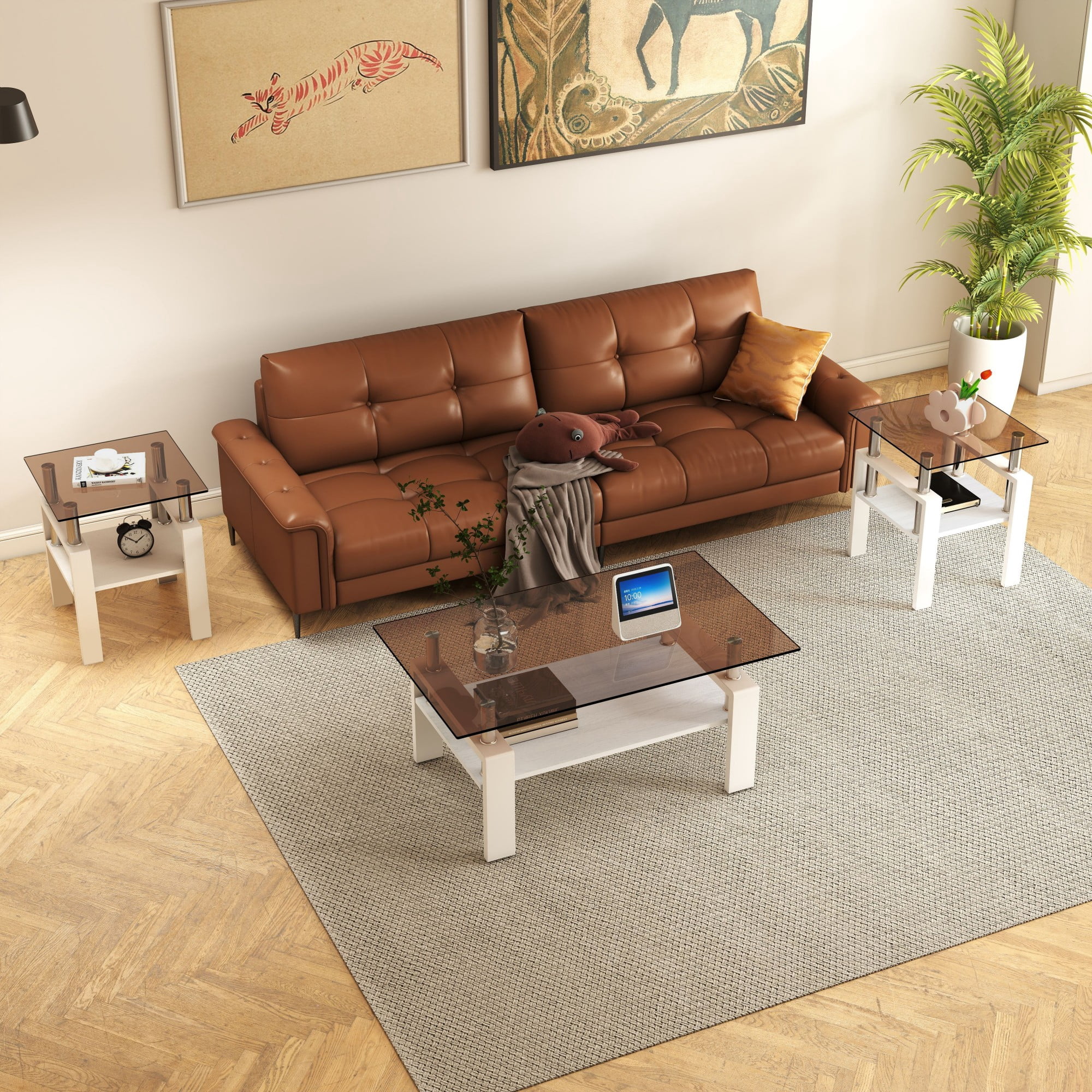 Euroco Set of 2 Modern Tempered Glass Tea Table ,Tempered Glass Tabletop with MDF Layer,Coffee Table,End Table, Square Table for Living Room, Brown/white