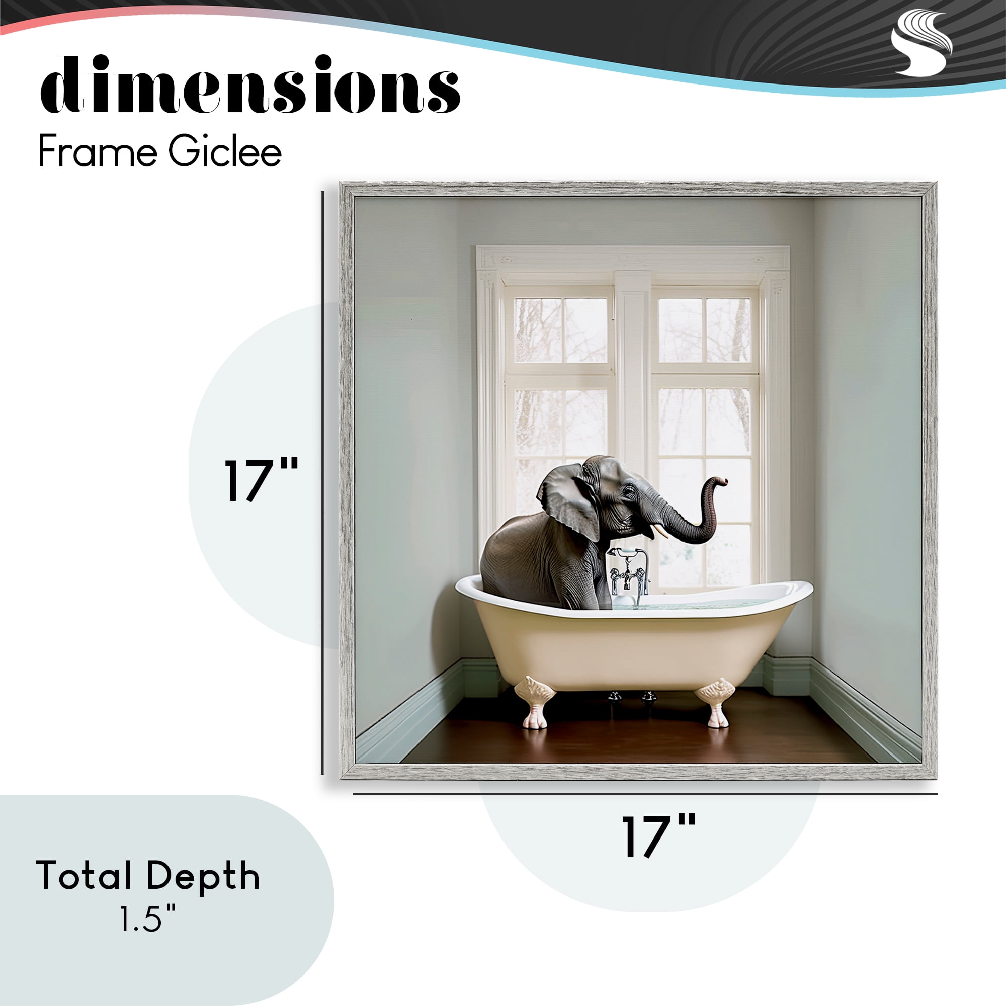 Minimal Elephant Bathtime Gray Framed Giclee Art, design by Sasha
