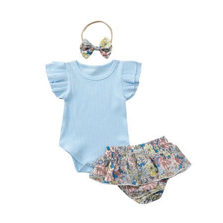

One opening Baby Girl’s Fly Sleeve Romper and Flower Shorts with Headband