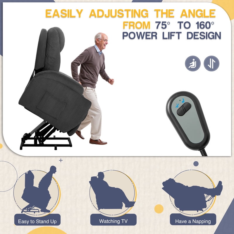 Furmax Electric Power Lift Recliner Soft Corduroy Chair Sofa with with 8 Vibrating Massages Ergonomic Lounge Chair with 2 Cup Holders and Side Pocket,Gray