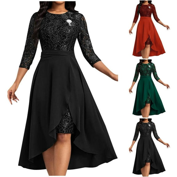 Kmdttou Women's Summer Fashionable And Elegant Solid Color Round Neck Long Sleeved Lace Dress With Detachable Hem Set,Women's Long Dresses Flowy Maxi for Beach